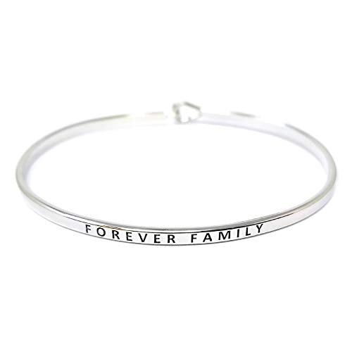 by you Inspirational Positive Message Engraved Thin Cuff Bangle Hook Bracelet - color: Forever Family-Silver