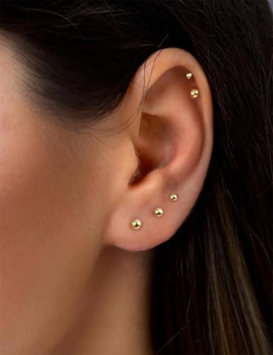 14K Gold Filled Polished Small CZ Pearl Ball Stud Earrings Set for Women Men 20G Surgical Steel Hypoallergenic Piercing Studs for Sensitive Ear, Pack of 6 Pairs - style: I : 2MM-7MM Gold Ball Set