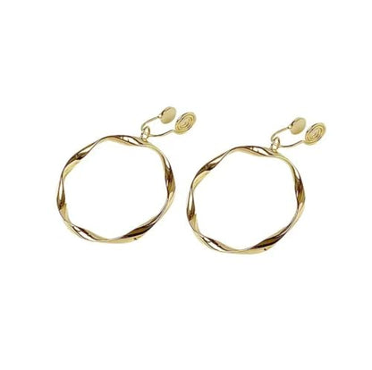 A Season Women Twisted Gold/Silver Round Clip On Hoop Earrings for Non Pierced Ears Hoops Earrings, Small/Medium/Large (Large Round Dangle)