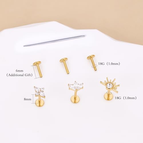 limerencia Titanium Internally Threaded Flat Back Earrings, 3 Pcs Implant Grade Hypoallergenic Studs, 18G Tragus Helix Conch Cartilage Piercing Jewelry for Sensitive Ears Women Men, Gold/Silver - color: Gold-Vibe D