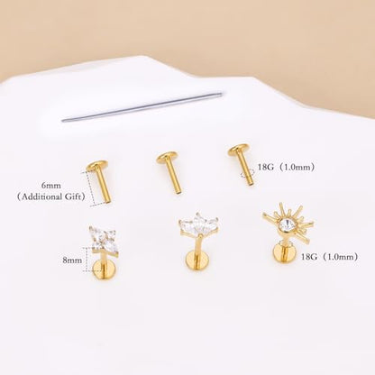 limerencia Titanium Internally Threaded Flat Back Earrings, 3 Pcs Implant Grade Hypoallergenic Studs, 18G Tragus Helix Conch Cartilage Piercing Jewelry for Sensitive Ears Women Men, Gold/Silver - color: Gold-Vibe D