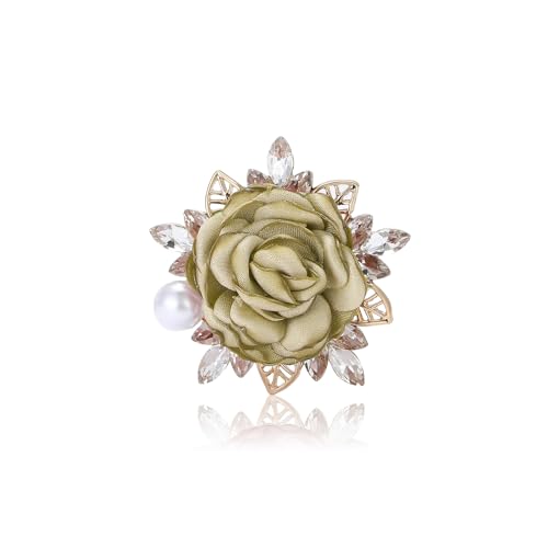 Rose Flower Brooch for Women Large Flower Brooch Elegant Pearl Brooches Handmade Crystal Pearl Pins Fabric Floral Lapel Pin Christmas Valentine's Day Dress Suit Accessories - color: green