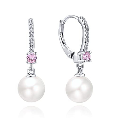 JO WISDOM 925 Sterling Silver Freshwater Pearl Hoop Earrings with Dangle Real Pearl,Simulated Pearls - color: B-8mm white pearl,Tourmaline color