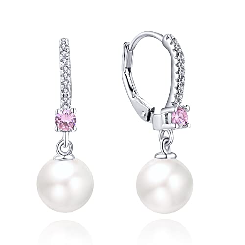 JO WISDOM 925 Sterling Silver Freshwater Pearl Hoop Earrings with Dangle Real Pearl,Simulated Pearls - color: B-8mm white pearl,Tourmaline color