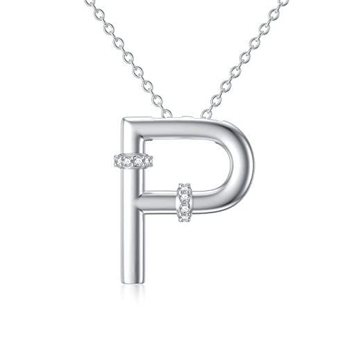 Initial Pendant Necklace 14K White Gold Plated A-Z 26 Letter Alphabet Pendant 925 Sterling Silver Jewelry Gift for Women Girls Teens - style: Alphabet - P