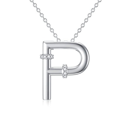 Initial Pendant Necklace 14K White Gold Plated A-Z 26 Letter Alphabet Pendant 925 Sterling Silver Jewelry Gift for Women Girls Teens - style: Alphabet - P