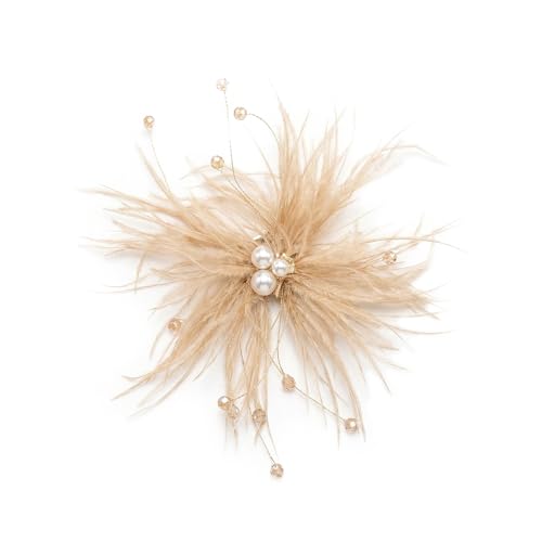 Elegant Feather Flower Pearl Cz Large Brooch Pin for Women Men Rhinestone Crystal Floral Lapel Pins Wedding Party Banquet Dress Suit Clothes Accessories Fashion Jewelry 180mm - color: Khaki