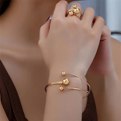 Minimalist Round Ball Bracelet Rings Set for Women Gold-Tone Trendy Simple Open Adjustable Statement Wrap Finger Ring Comfort Fit Fashion Geometric Cuff Stretch Bangle Unique Charm Jewelry