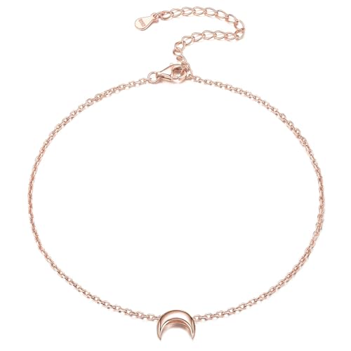 ChicSilver Personalized 925 Sterling Silver Tiny Heart/Moon/Star/Sun/Dot/Triangle Anklets Simple Dainty Foot Jewelry for Women, Silver/Gold Plated/Rose Gold Plated - style: Rose Gold Moon