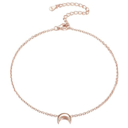 ChicSilver Personalized 925 Sterling Silver Tiny Heart/Moon/Star/Sun/Dot/Triangle Anklets Simple Dainty Foot Jewelry for Women, Silver/Gold Plated/Rose Gold Plated - style: Rose Gold Moon