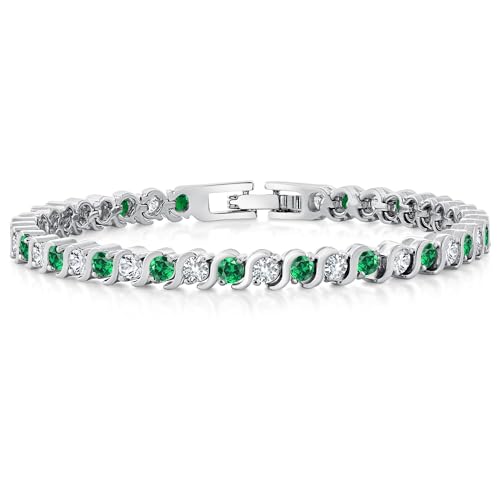 Gem Stone King 3MM Simulated Blue Sapphire and Sparkling White Cubic Zirconia Tennis Bracelet for Women | 14K Gold Plated | 4.50 Cttw | Size 7 Inch | Choice of Color - color: Green