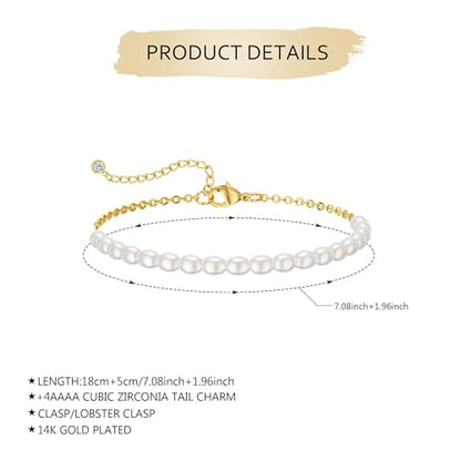NECOCY 14K Gold Plated Pearl Bracelets for Women, Dainty Bracelets Stack Trendy Pearls Beaded Link Chain Charm Bracelets Set Layered Tiny Wedding Prom Jewelry Gift for Women Mother's Day Graduation - style: Style-15