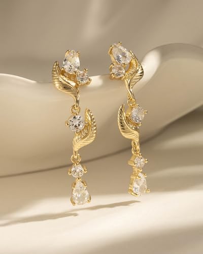 14K Gold Plated/Sterling Silver CZ Pearl Drop Dangle Earrings for Women - color: Gold-Flower CZ