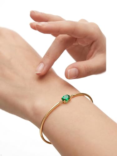 Moissanite/Sapphire/Ruby/Emerald Cuff Bracelet 1 Carat Oval Cut Center Stone Inlaid 925 Sterling Silver 14K Gold Plated Adjustable Birthstone Bangle for Women fit Wrist 5-7.5 Inch - color: Emerald Gold