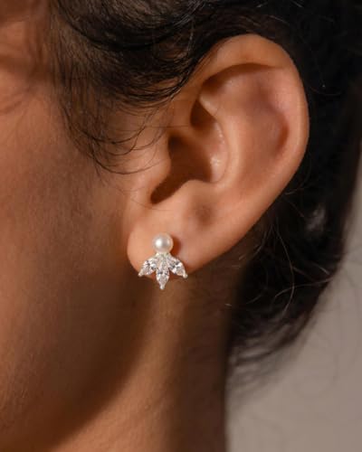 Pearl Earrings - 14k Gold or White Gold Plated Sparkle Cubic Zirconia Dainty Pearl Stud Earrings for Women Wedding Party Bridal - color: silver leaf