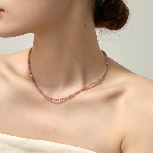 ARSIS Genuine Beaded Gemstone Necklace for Women, Colorful Natural Stone Handmade Bead Choker, Personalized Birthstone Necklace, Boho Summer Beach Necklace Layering Stackable Jewelry Gift - color: Pink Tourmaline (July)