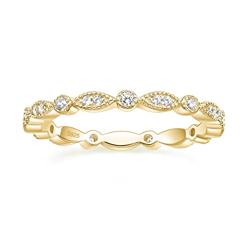 EAMTI 925 Sterling Silver Wedding Band for Women Cubic Zirconia Marquise & Round Milgrain Full Eternity Stackable Ring Size 3-13 - color: Sterling Silver-GOLD
