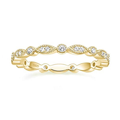 EAMTI 925 Sterling Silver Wedding Band for Women Cubic Zirconia Marquise & Round Milgrain Full Eternity Stackable Ring Size 3-13 - color: Sterling Silver-GOLD