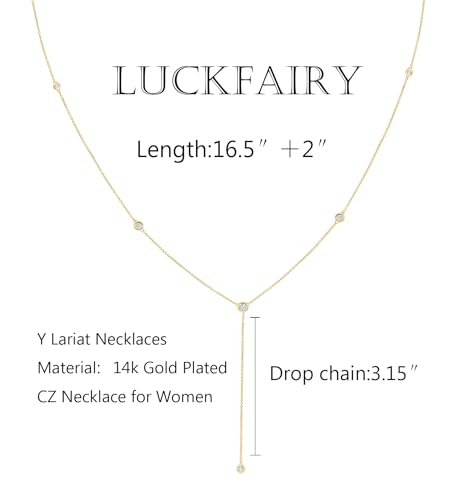 LuckFairy Lariat Necklace for Women，Dainty Gold Long Necklaces 14k Gold Plated CZ Lips Bead Y-Shaped Drop Chain Necklace Simple Gold Layered Necklaces for Women Trendy Gold Jewelry Gifts for Women - color: CZ y