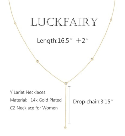 LuckFairy Lariat Necklace for Women，Dainty Gold Long Necklaces 14k Gold Plated CZ Lips Bead Y-Shaped Drop Chain Necklace Simple Gold Layered Necklaces for Women Trendy Gold Jewelry Gifts for Women - color: CZ y