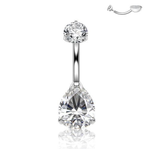 Titanium Floating Belly Button Rings 14G, ASTM F136 Implant-Grade Curved Barbell, Internal Thread with 6mm Teardrop Gems, Sparkle Navel Piercing Jewelry, 10mm/12mm Length - color: Teardrop Silver-Clear CZ, size: 3/8"(10mm)