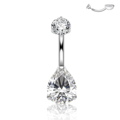 Titanium Floating Belly Button Rings 14G, ASTM F136 Implant-Grade Curved Barbell, Internal Thread with 6mm Teardrop Gems, Sparkle Navel Piercing Jewelry, 10mm/12mm Length - color: Teardrop Silver-Clear CZ, size: 3/8"(10mm)