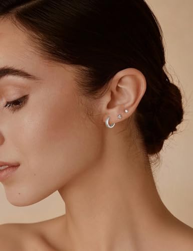 Fiusem 14K Gold Plated Huggie Hoop Earrings for Women | 8/10/12 Hypoallergenic Small Twisted beaded Huggie Earrings - color: Silver Hoop, size: 8MM