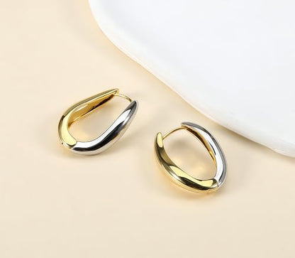 Trendy Two Tone Gold and Silver Oval Hoop Earrings, 14K Gold Plated | 925 Sterling Silver Post, Twisted Oval Design, Lightweight Small Chunky Huggie Hoops, Statement Jewelry Gift for Women