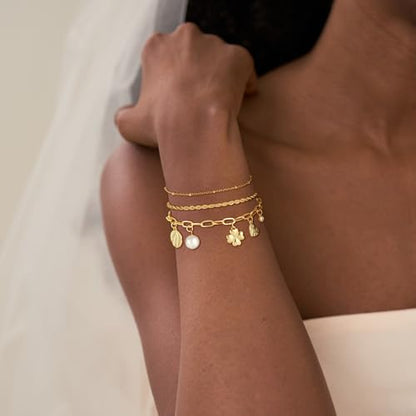 3PCS Charm Gold Bracelets for Women Non Tarnish,14k Plated Gold Bracelet Stack Cute Dainty Stackable Trendy Bow Cross Clover Bracelets Set Tarnish Free Gold Jewelry for Women Gifts - color: Three-Gold