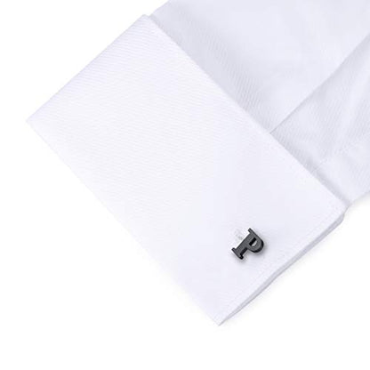 HONEY BEAR Black Initial Letter Round Cufflinks Tie Clip Set for Men | Wedding Business, Tarnish-Resistant, Steel-Plated Copper Base, Gift Box, for Groomsmen, Father, Husband, Anniversary, Formal - style: P Thicker with box