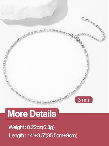 FOCALOOK Choker Necklace for Women, Double Layered Boho Beaded Choker Chain | Dainty 14K Gold Plated/Silver/Black Metal, Simple Small Satellite Beaded Chain Necklace, Hypoallergenic for Everyday Wear - color: 03.Beaded Choker-Silver