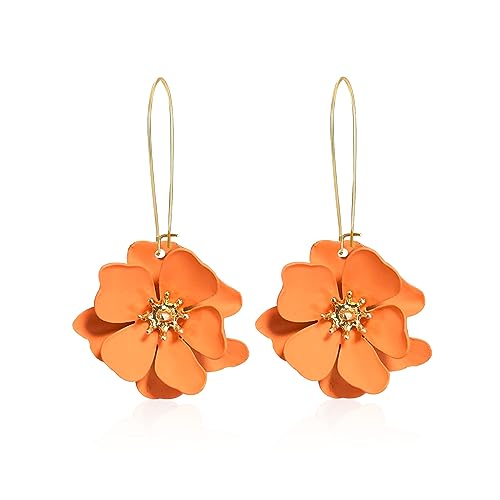 Bohemian Daisy Flower Matte Floral Long Petal Drop Dangle Earrings Layered Tiered for Women Chic Boho Wedding Jewelry - color: Orange