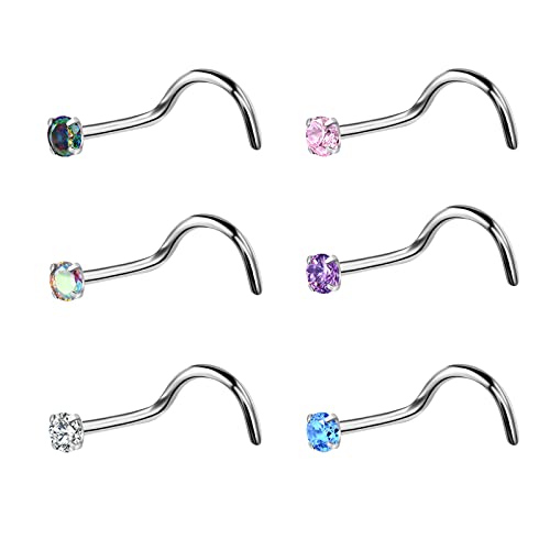 BelezaDosas 6pcs G23 Titanium Nose Studs 18G 20G Screw Nose Ring Press Fit 2mm 2.5mm 3mm Piercing Jewelry for Sensitive Skin - style: 20G 2.0mm Claw CZ 6PCS