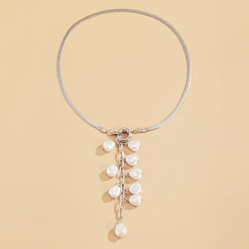 Women's Baroque Beaded Y Necklace, Trendy Pendant Long Choker, Simple Daily Wear Jewelry Gift - color: Silver