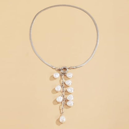 Women's Baroque Beaded Y Necklace, Trendy Pendant Long Choker, Simple Daily Wear Jewelry Gift - color: Silver