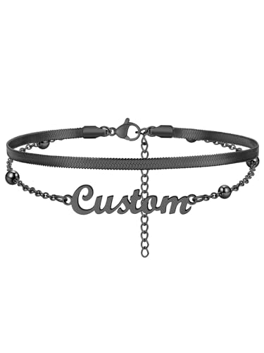 Custom4U Custom Name Anklet Bracelets for Women Waterproof Beaded/Figaro/Cuban/Rope/Wheat Chain Anklet Stackable Gold Plated Non Tarnish Custom Beach Gift Barefoot Summer Jewelry for Her - color: F03-Black Herringbone Chain