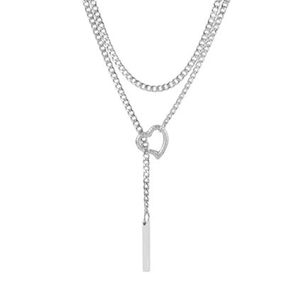 Slip Chain Necklaces for Women Stainless Steel Bar Pendant Choker Necklace Boho Handmade Long Lariat Necklace Silver Statement Punk Rock Collar Jewelry - style: layered silver heart