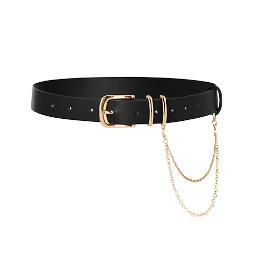 Scarlet Darkness Women's Faux Leather Waist Belt with Detachable Chain | Vintage Gold Buckle, Removable Chain, Adjustable Waist, Fashion Casual Style, for Daily Wear, Ren Faire, Versatile - color: Black Gold Buckle, size: S Fit Waist Size 26.5"-28"