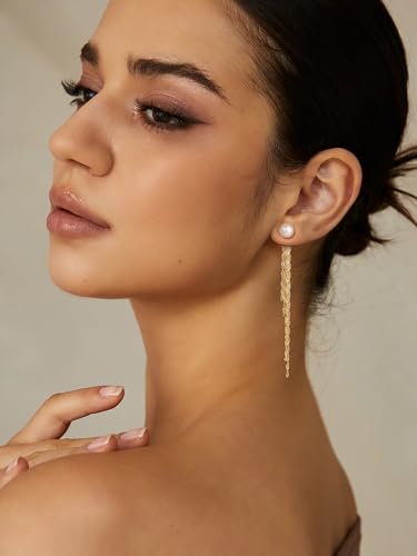 CHESKY Pearl Drop Earrings for Women, 14K Gold Plated Pearl Dangle Earrings | Dainty Pearl Earrings for Women,WaterProof Gold Brides Wedding Earrings,Bridesmaid Bridal Gift,Trendy Women Everyday Jewelry - style: chain