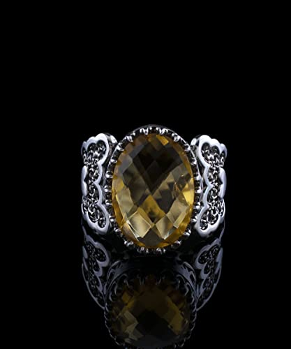 Filigranist 925 Sterling Silver Handcrafted Filigre Art Double Heart Detailed Women Cocktail Ring with Gemstones - color: Citrine
