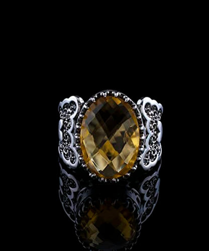 Filigranist 925 Sterling Silver Handcrafted Filigre Art Double Heart Detailed Women Cocktail Ring with Gemstones - color: Citrine