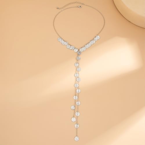 Boho Gold Long Disc Coin Choker Drop Statement Necklace for Women | Trendy Y Shaped Pendant Tassel Necklaces Round Disk Body Wrap Chain Collar Necklace Costume Outfit Festival Jewelry Accessory - color: Silver