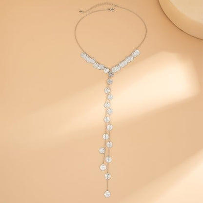 Boho Gold Long Disc Coin Choker Drop Statement Necklace for Women | Trendy Y Shaped Pendant Tassel Necklaces Round Disk Body Wrap Chain Collar Necklace Costume Outfit Festival Jewelry Accessory - color: Silver