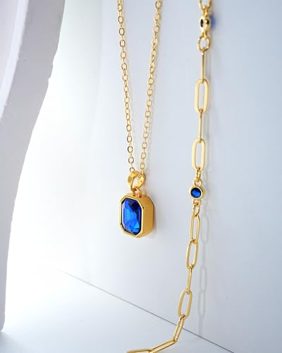 Gold Layered Necklaces for Women, 18k Gold Plated Crystal Necklace Paperclip Choker Emerald Green Jewelry for Women Gifts - color: Sapphire blue