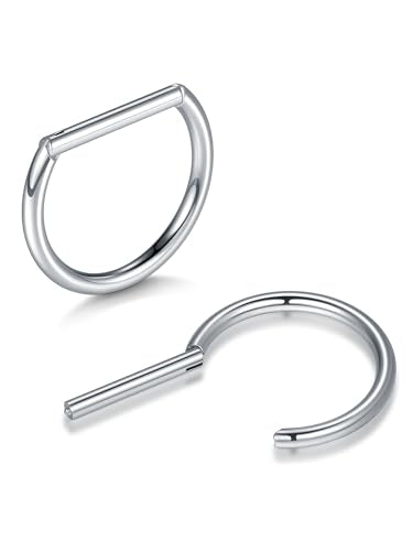 Oveta Titanium D Shaped Nipple Rings 14G for Nipple Piercing Jewelry Higned Segment Clicker Cartilage Hoop Earring 12mm 14mm 16mm for Women Men, Silver/Gold/Black, 2PCS - color: Silver No CZ, size: 12mm Bar
