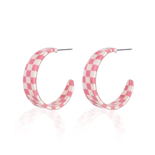 Vintage Minimalist 80s C Shaped Acrylic Dangle Earrings Lightweight Geometric Black White Plaid Hoop Earrings Colorful Chunky Big Earrings Statement Jewelry Gifts for Women - color: E-Pink