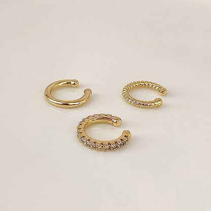 3Pcs Ear Cuffs Non Piercings for Women, Trendy Cubic Zirconia Gold Silver Clip On Cuff Earrings Set Jewelry Dainty Fake Cartilage Earring - color: Gold