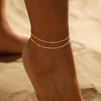 Gold/Silver Ankle Bracelets for Women Waterproof Dainty 14K Gold Plated Pearl Heart Love Anklet Bracelet Satellite Cuban Link Beads Summer Beach Jewelry Gifts - style: Satellite + O-shaped-gold-016
