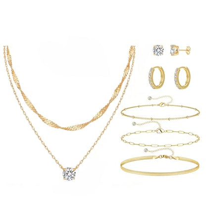 7-Piece Set 14K Gold Plated Jewelry Set Dainty Layered Necklaces CZ Stud Earring Huggie Hoop Earrings Chain Bracelets Gifts for Women - color: Style A-Gold-Necklaces Earrings Bracelets