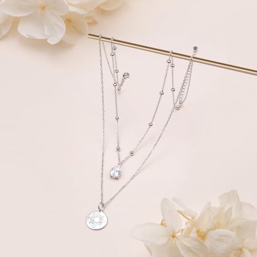 Yearace Choker Necklaces for Women S925 Sterling Silver Sideways Cross/Butterfly/Handcuffs/Infinity Interlocking/Chakra Choker Necklace Dainty Sideways Cross Necklace Jewelry Gift - style: Layered Sun 16+14+2''